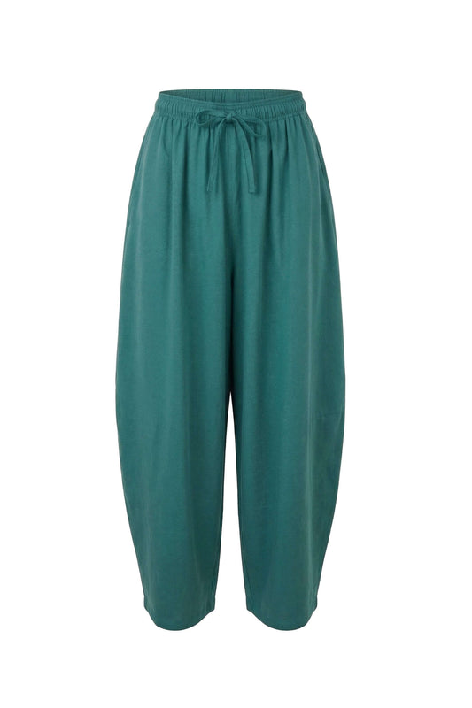 Teal Lyocell Barrel-Leg Trousers featuring a relaxed fit and elasticated waist for comfortable styling.