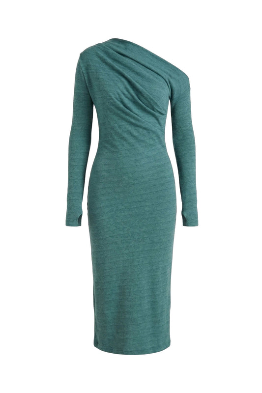 Teal Wool Drape Midi Dress showcasing elegant draped neckline and sleek fit, perfect for colder months.