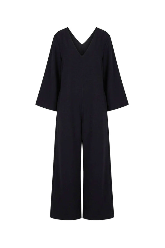 Black Organic Cotton Wide-Leg Jumpsuit featuring wide legs and flared sleeves in a black design.
