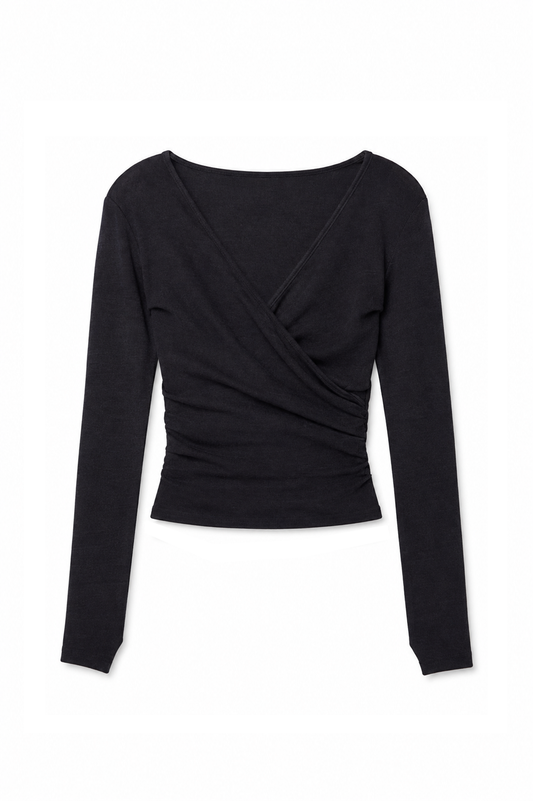 Black Wool Wrap Top with Thumb Holes - Online Exclusive