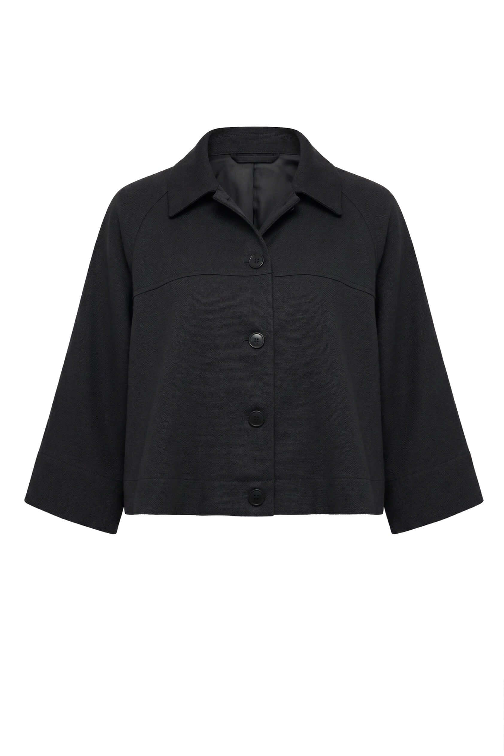 Black Lyocell Flared Jacket featuring a structured design and elegant flared silhouette in a sleek black fabric.