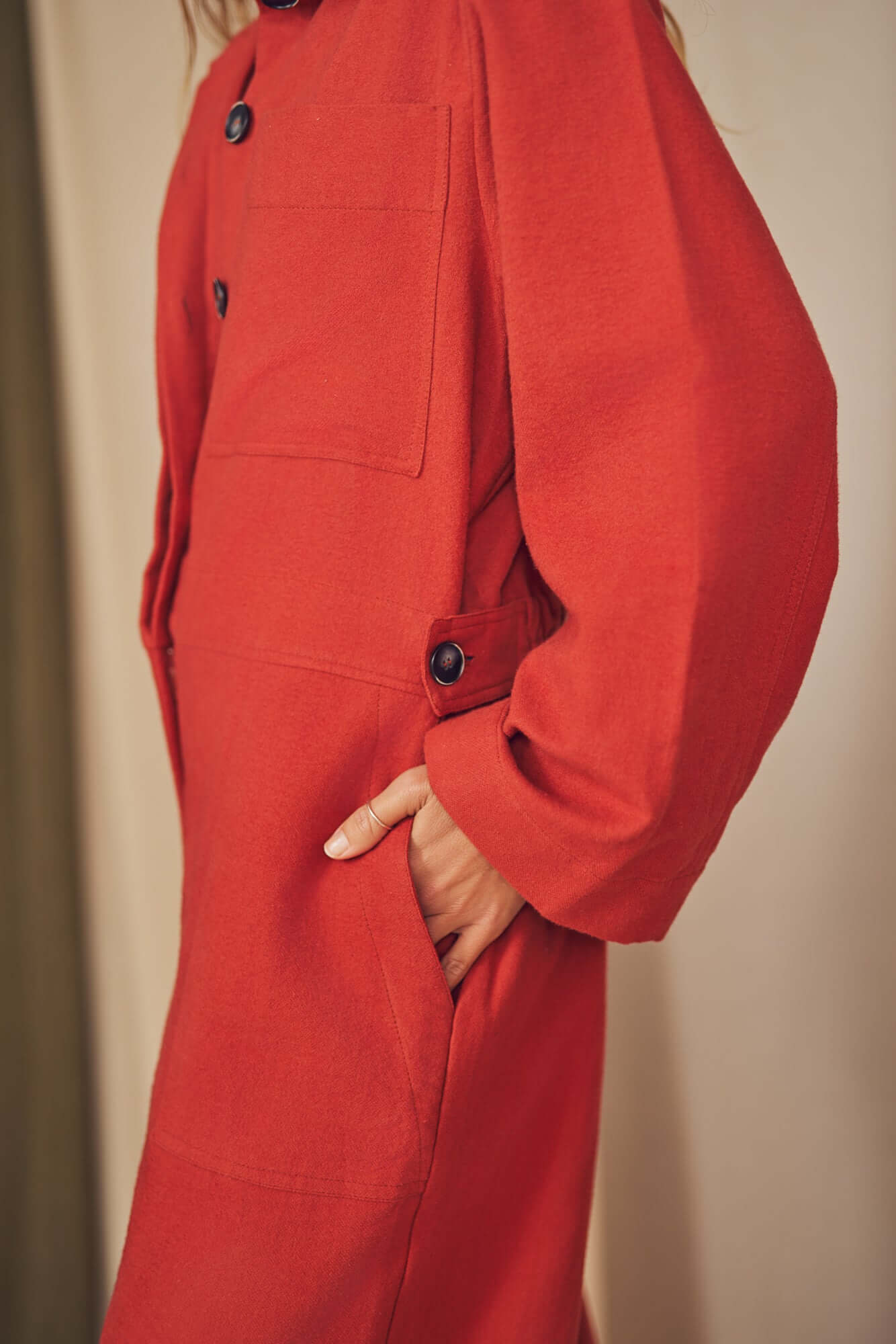 Rust Organic Cotton Boiler Suit featuring a stylish pocket and eco-friendly buttons, perfect for autumn/winter fashion.