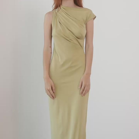 Drape Cupro Midi Dress in Olive displayed on a model, featuring a draped neckline and smooth jersey fabric.