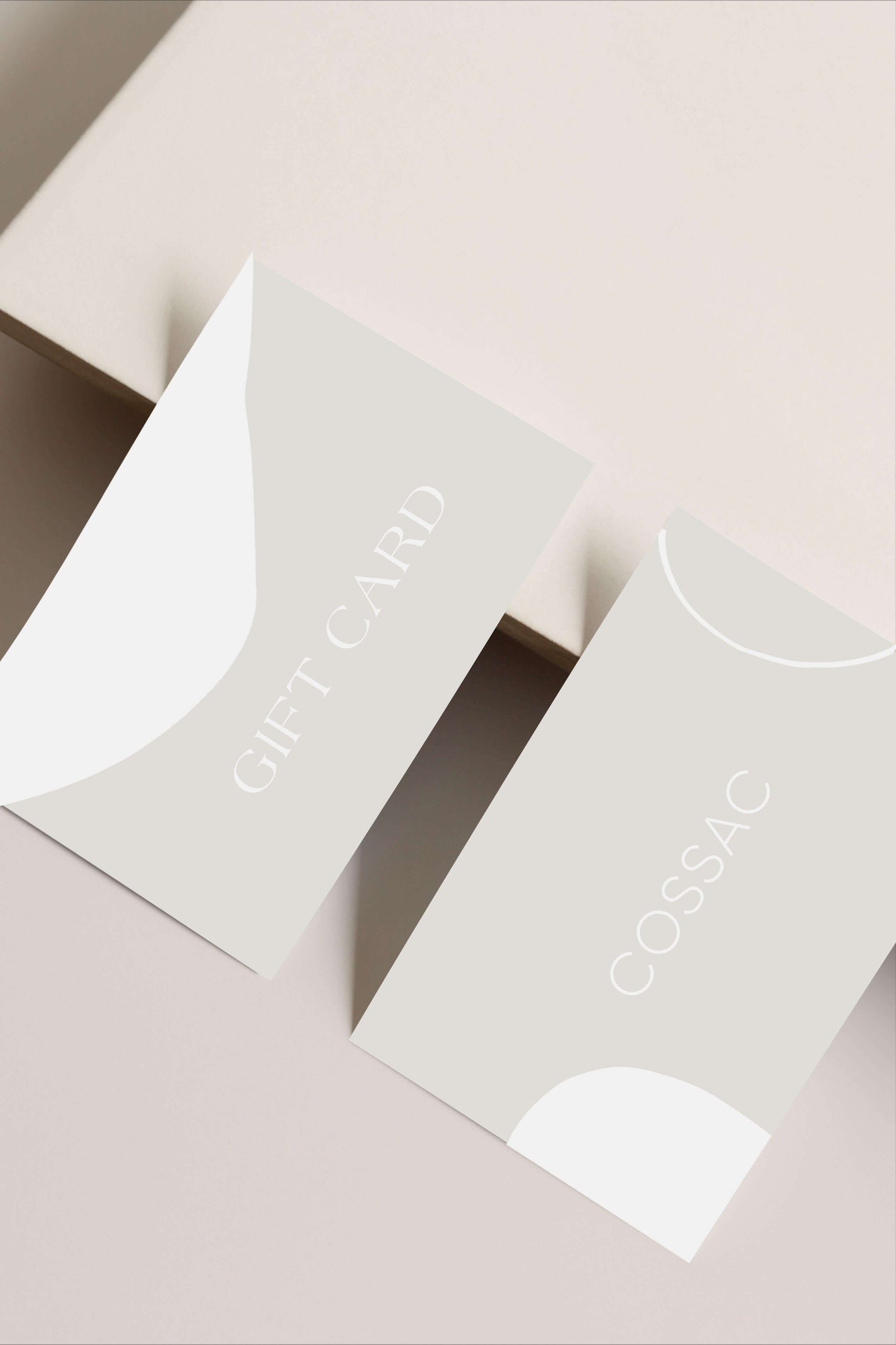 Elegant design of a Gift Card and COSSAC card on a neutral background.